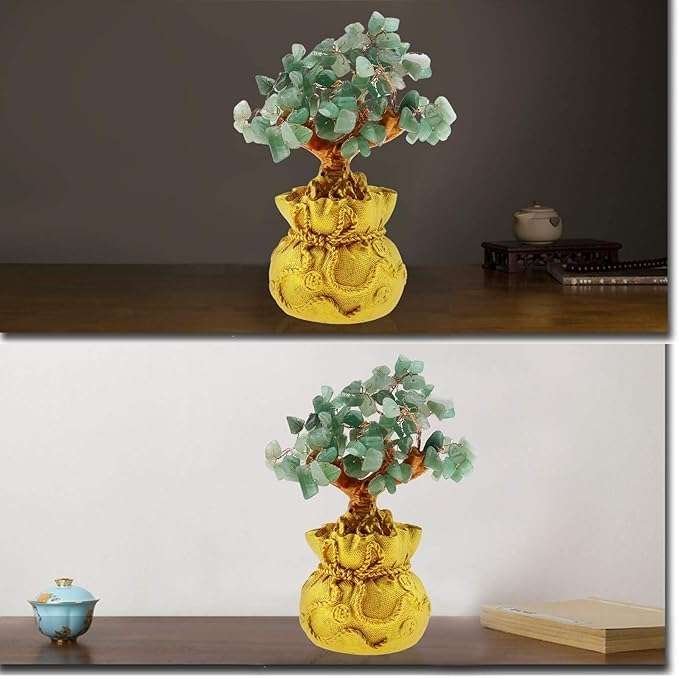 Crystal Tree Decor Natural Crystal Money Tree Ornament with Base for Good Luck, Wealth& Prosperity- Home Office Decor Spiritual Gift (Green)